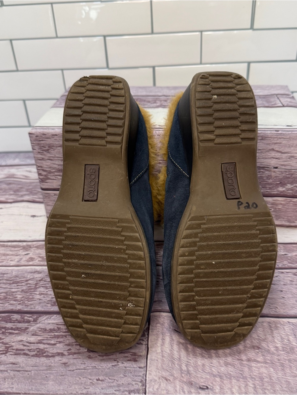 Women’s Sporto Navy Blue Suede Gabby fur trimmed slip on clog - Picture 5 of 8
